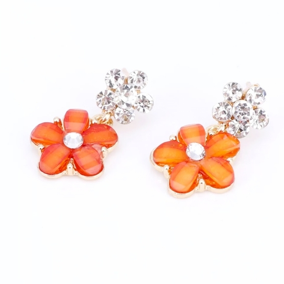 18K gold plated Orange crystal flower necklace earrings set - Picture 12 of 13